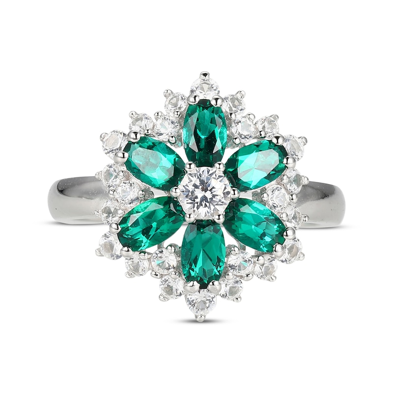 Main Image 3 of Oval-Cut Lab-Created Emerald & White Lab-Created Sapphire Flower Ring Sterling Silver