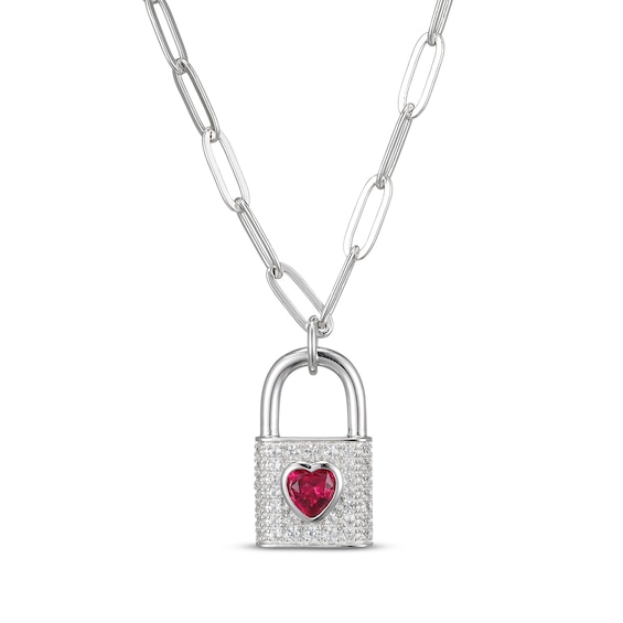 Heart-Shaped Lab-Created Ruby & White Lab-Created Sapphire Lock Necklace Sterling Silver 19"
