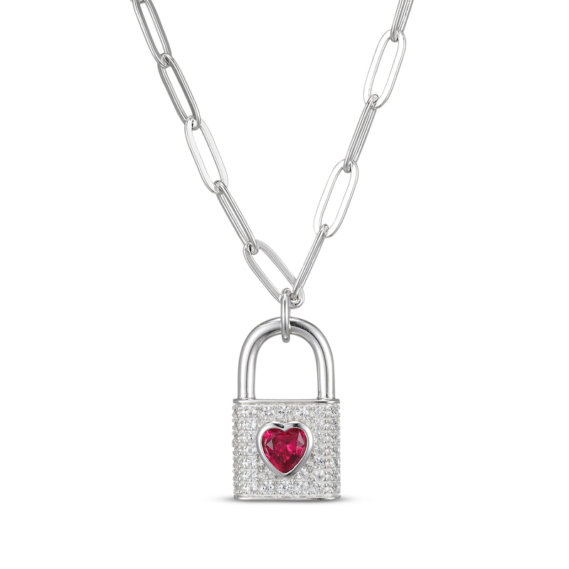 Heart-Shaped Lab-Created Ruby & White Lab-Created Sapphire Lock Necklace Sterling Silver 19"