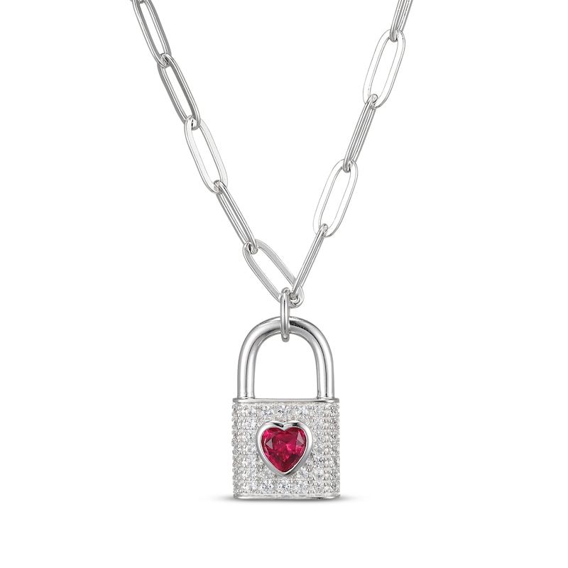 Main Image 1 of Heart-Shaped Lab-Created Ruby & White Lab-Created Sapphire Lock Necklace Sterling Silver 19&quot;