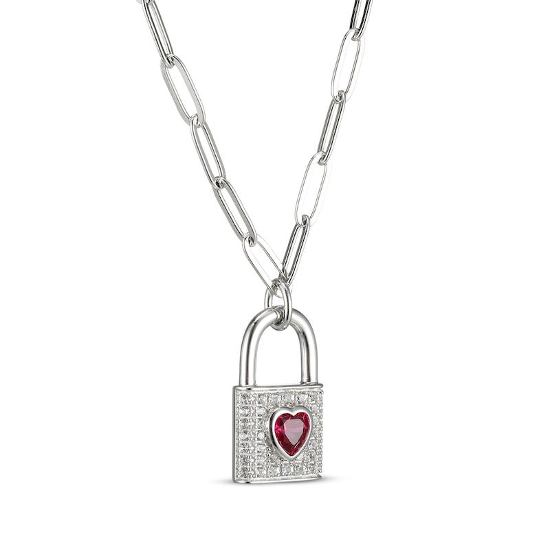 Main Image 2 of Heart-Shaped Lab-Created Ruby & White Lab-Created Sapphire Lock Necklace Sterling Silver 19&quot;
