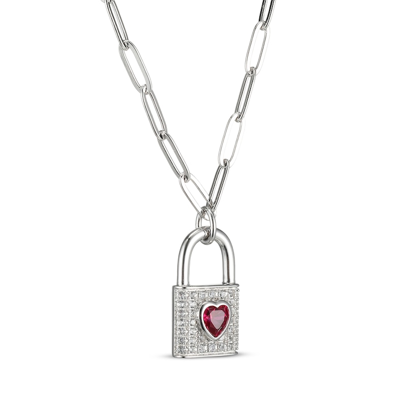 Heart-Shaped Lab-Created Ruby & White Lab-Created Sapphire Lock Necklace Sterling Silver 19"