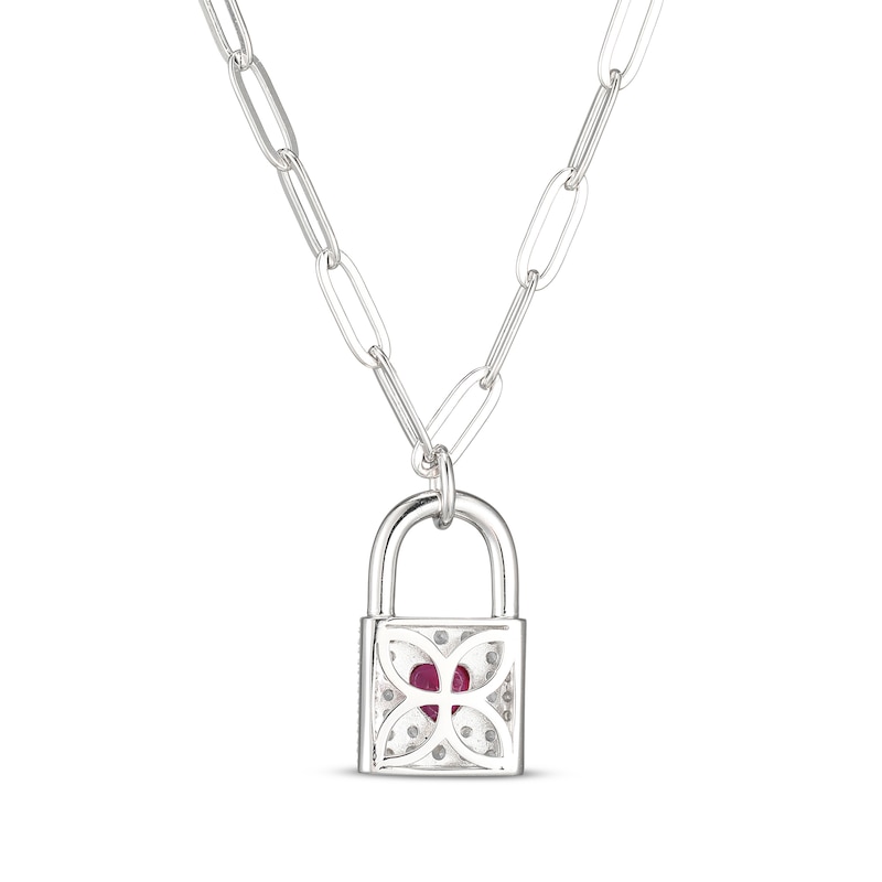 Main Image 3 of Heart-Shaped Lab-Created Ruby & White Lab-Created Sapphire Lock Necklace Sterling Silver 19&quot;