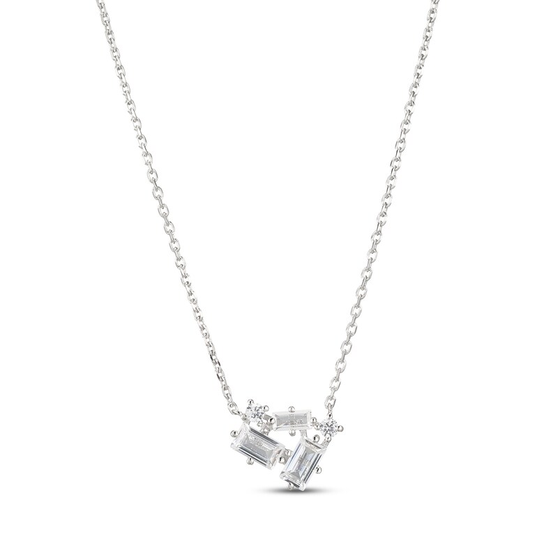 Main Image 1 of Baguette & Round-Cut White Lab-Created Sapphire Cluster Necklace Sterling Silver 18&quot;