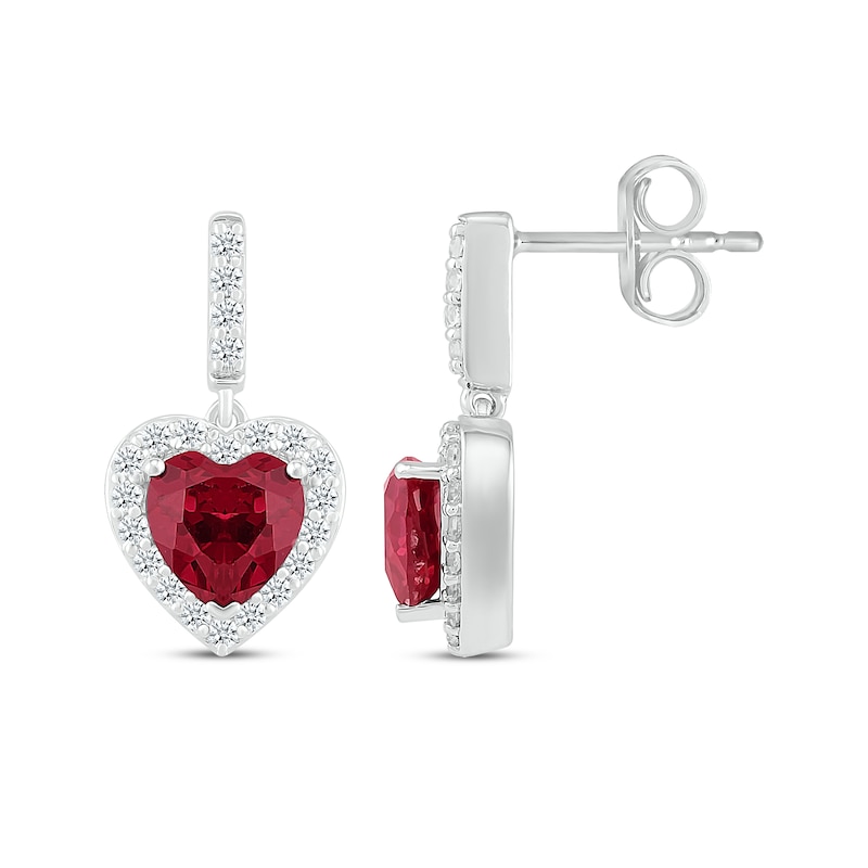 Main Image 3 of Heart-Shaped Lab-Created Ruby & White Lab-Created Sapphire Drop Earrings Sterling Silver