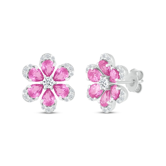 Pear-Shaped Pink Lab-Created Sapphire & White Lab-Created Sapphire Flower Stud Earrings Sterling Silver