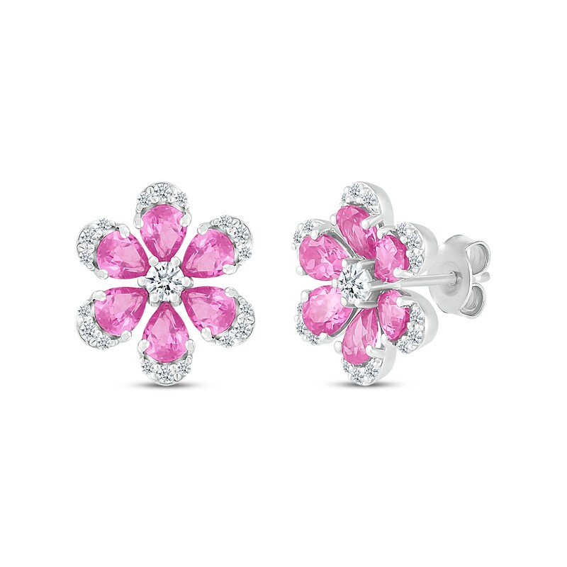 Main Image 1 of Pear-Shaped Pink Lab-Created Sapphire & White Lab-Created Sapphire Flower Stud Earrings Sterling Silver