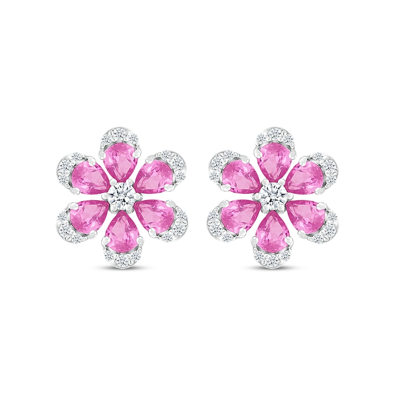 Main Image 2 of Pear-Shaped Pink Lab-Created Sapphire & White Lab-Created Sapphire Flower Stud Earrings Sterling Silver