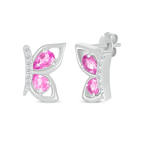 Pear-Shaped Pink Lab-Created Sapphire & Diamond Butterfly Stud Earrings 1/15 ct tw Sterling Silver