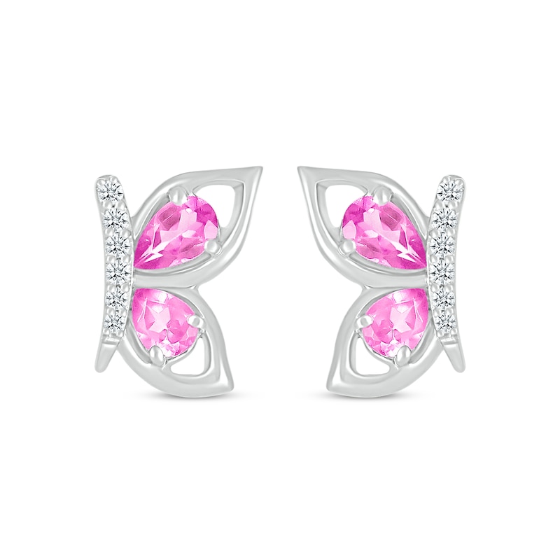 Main Image 2 of Pear-Shaped Pink Lab-Created Sapphire & Diamond Butterfly Stud Earrings 1/15 ct tw Sterling Silver