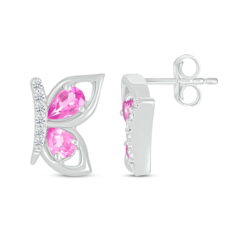 Main Image 3 of Pear-Shaped Pink Lab-Created Sapphire & Diamond Butterfly Stud Earrings 1/15 ct tw Sterling Silver