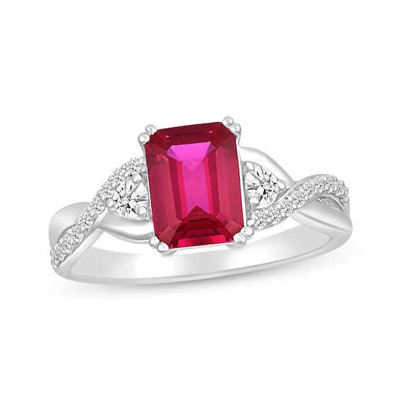 Emerald-Cut Lab-Created Ruby & White Lab-Created Sapphire Ring Sterling ...