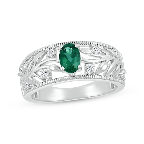 Oval-Cut Lab-Created Emerald & White Lab-Created Sapphire Filigree Ring Sterling Silver