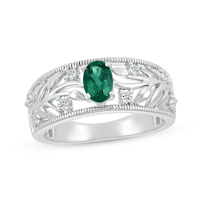 Main Image 1 of Oval-Cut Lab-Created Emerald & White Lab-Created Sapphire Filigree Ring Sterling Silver