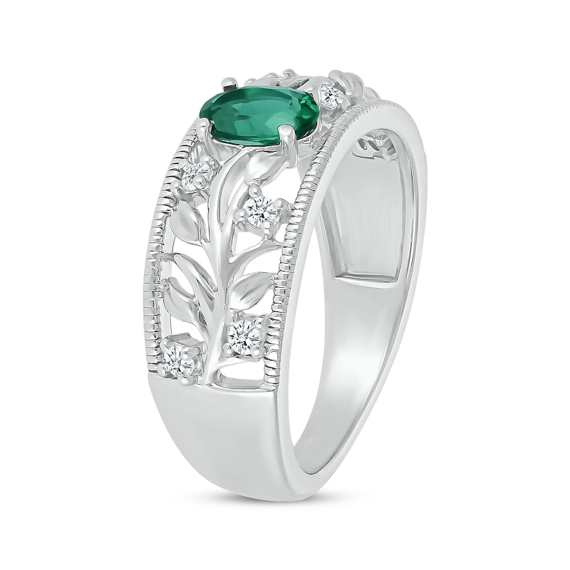 Main Image 2 of Oval-Cut Lab-Created Emerald & White Lab-Created Sapphire Filigree Ring Sterling Silver