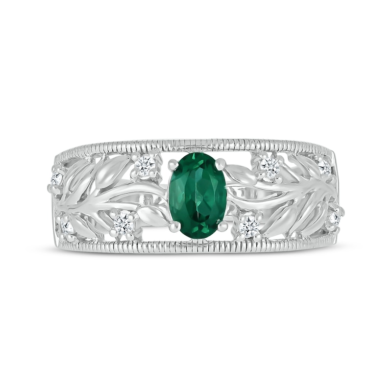Main Image 4 of Oval-Cut Lab-Created Emerald & White Lab-Created Sapphire Filigree Ring Sterling Silver