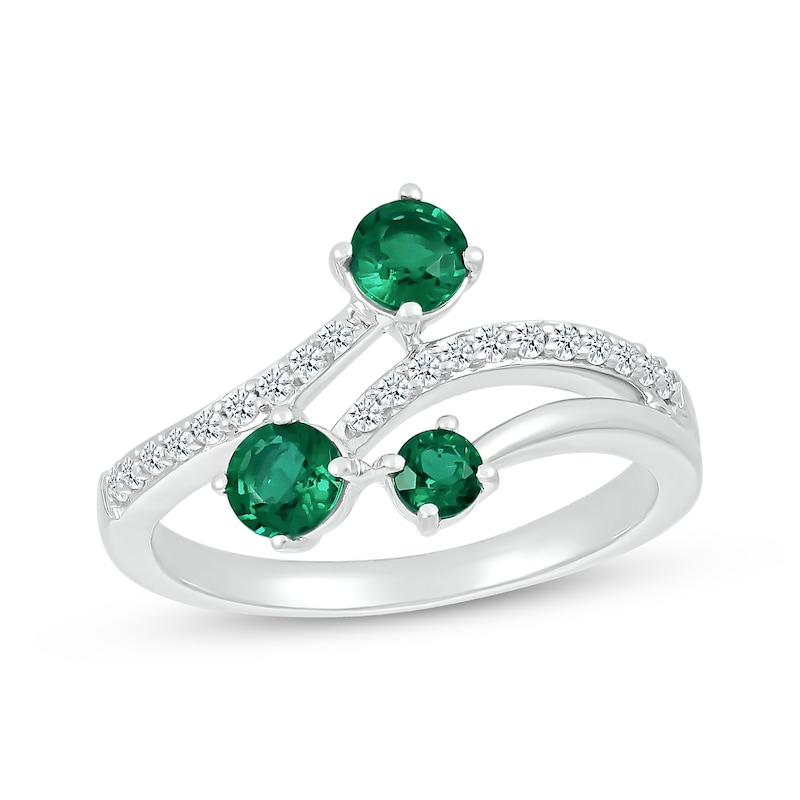 Main Image 1 of Lab-Created Emerald & White Lab-Created Sapphire Bypass Ring Sterling Silver