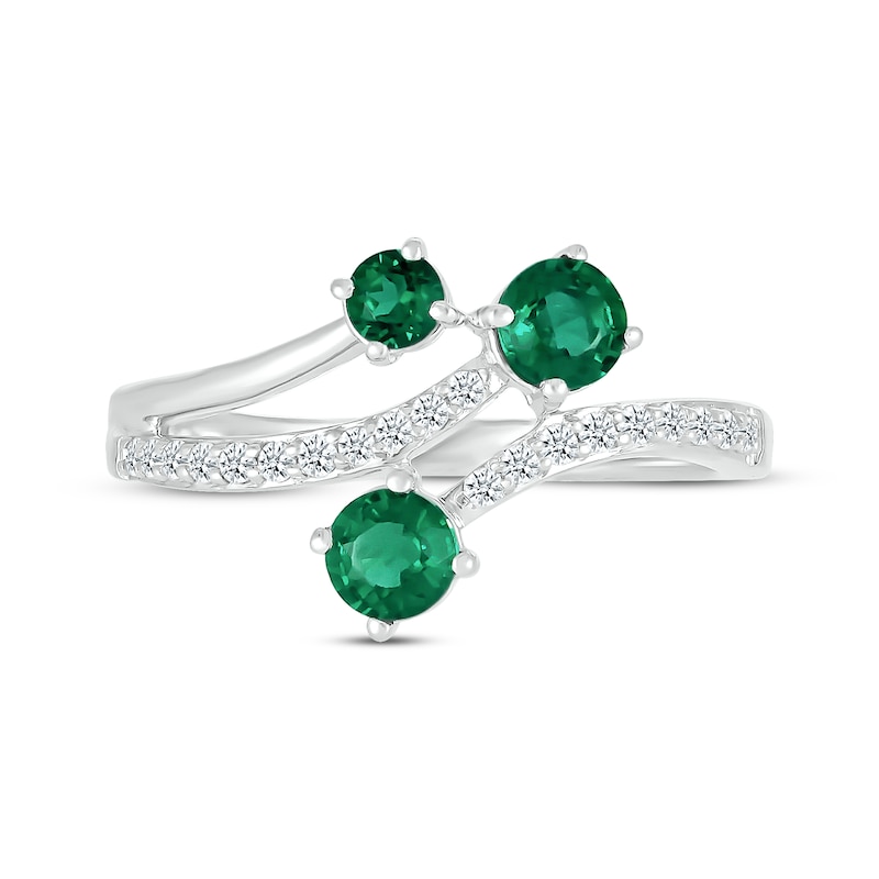 Main Image 3 of Lab-Created Emerald & White Lab-Created Sapphire Bypass Ring Sterling Silver