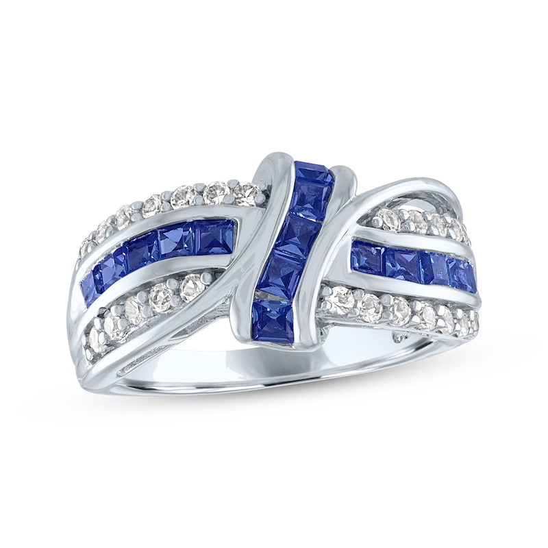 Main Image 1 of Square-Cut Blue Lab-Created Sapphire & White Lab-Created Sapphire Crossover Ring Sterling Silver
