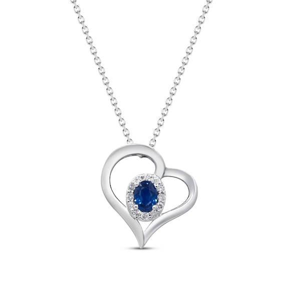Oval-Cut Blue Sapphire & Diamond Heart Necklace 1/15 ct tw 10K White Gold 18"