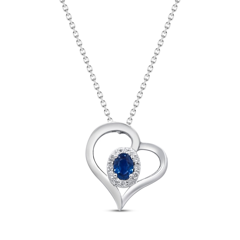 Main Image 1 of Oval-Cut Blue Sapphire & Diamond Heart Necklace 1/15 ct tw 10K White Gold 18&quot;