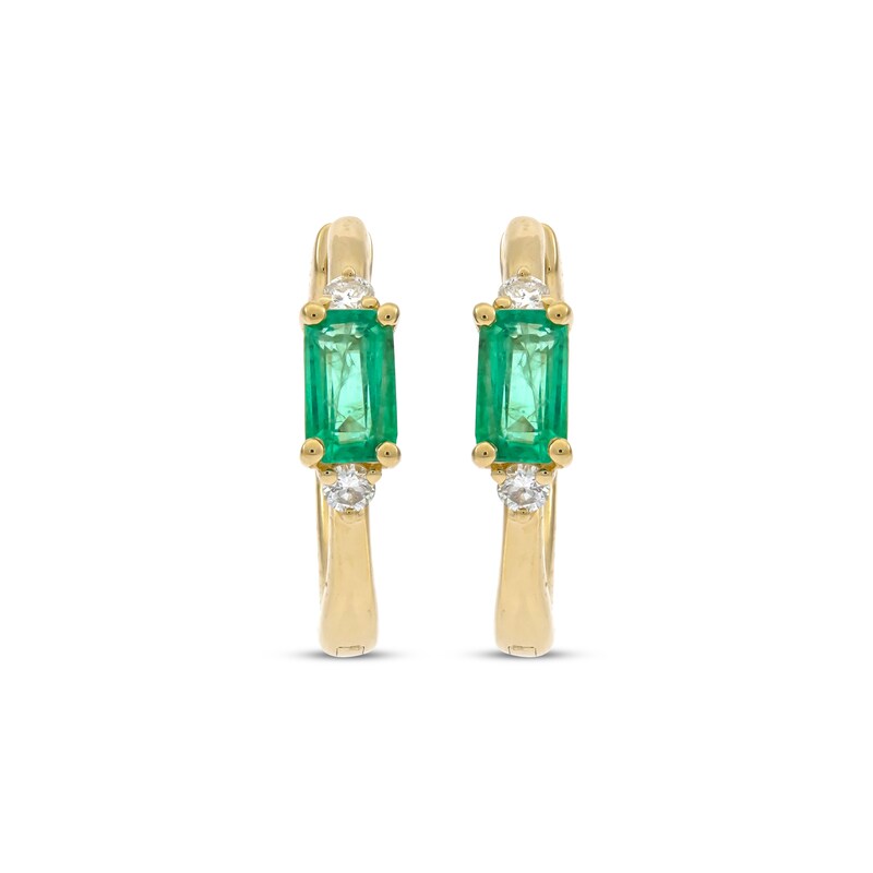 Main Image 2 of Emerald-Cut Emerald & Diamond Huggie Hoop Earrings 1/15 ct tw 10K Yellow Gold