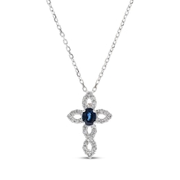 Oval-Cut Sapphire & Diamond Twist Cross Necklace 1/8 ct tw 10K White Gold 18"