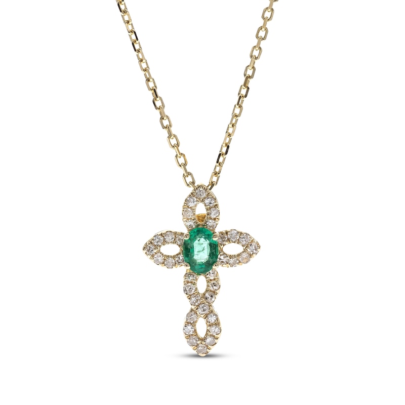 Main Image 1 of Oval-Cut Emerald & Diamond Twist Cross Necklace 1/8 ct tw 10K Yellow Gold 18"