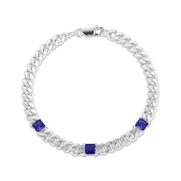Square-Cut Blue Lab-Created Sapphire Station Curb Chain Bracelet Sterling Silver 7.25"