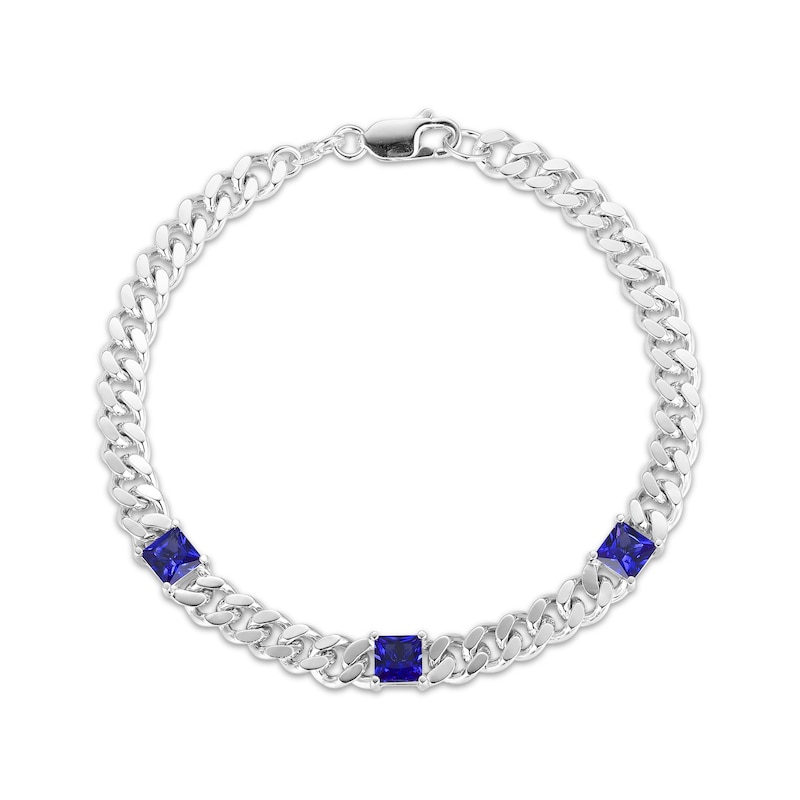 Main Image 1 of Square-Cut Blue Lab-Created Sapphire Station Curb Chain Bracelet Sterling Silver 7.25&quot;
