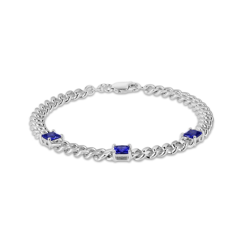 Main Image 2 of Square-Cut Blue Lab-Created Sapphire Station Curb Chain Bracelet Sterling Silver 7.25&quot;
