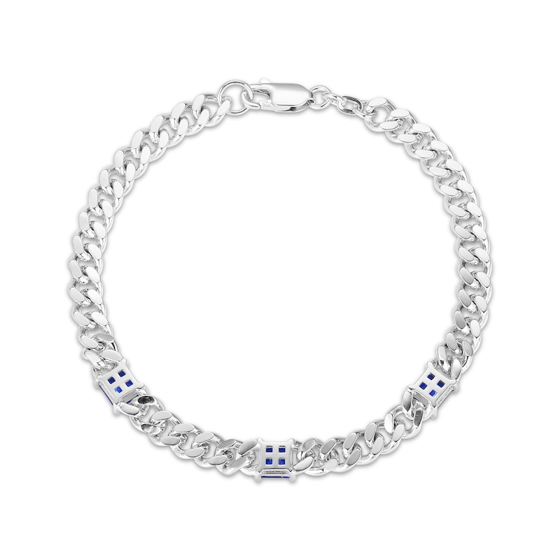 Main Image 3 of Square-Cut Blue Lab-Created Sapphire Station Curb Chain Bracelet Sterling Silver 7.25&quot;