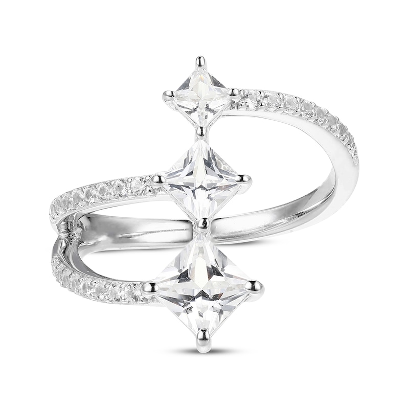 Main Image 3 of Square-Cut White Lab-Created Sapphire Three-Stone Ring Sterling Silver