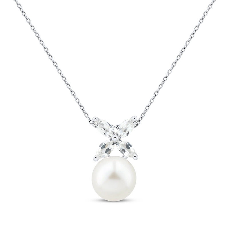 Main Image 1 of Cultured Pearl & Marquise-Cut White Lab-Created Sapphire Necklace Sterling Silver 18&quot;