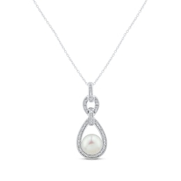 Cultured Pearl & White Lab-Created Sapphire Doorknocker Necklace Sterling Silver 18"