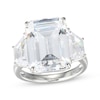 Thumbnail Image 1 of Emerald & Trapezoid-Cut White Lab-Created Sapphire Ring Sterling Silver