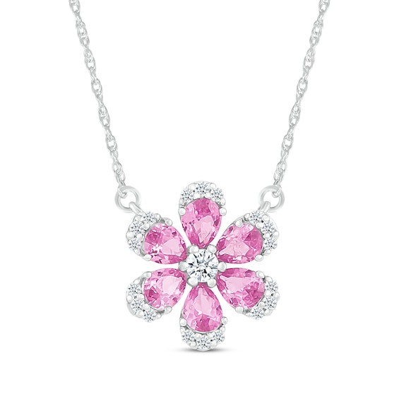 Pear-Shaped Pink Lab-Created Sapphire & White Lab-Created Sapphire Flower Necklace Sterling Silver 18"