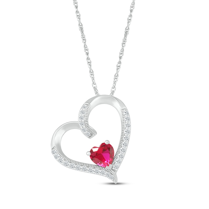 Main Image 1 of Heart-Shaped Lab-Created Ruby & White Lab-Created Sapphire Tilted Heart Necklace Sterling Silver 18"