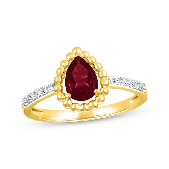 Pear-Shaped Lab-Created Ruby & White Lab-Created Sapphire Ring 10K Yellow Gold