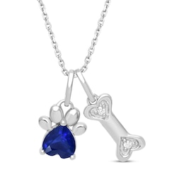 Heart-Shaped Blue Lab-Created Sapphire & White Lab-Created Sapphire Dog Paw & Bone Necklace Sterling Silver 18"