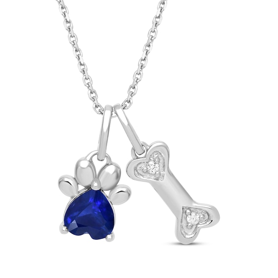 Heart-Shaped Blue Lab-Created Sapphire & White Lab-Created Sapphire Dog Paw & Bone Necklace Sterling Silver 18"
