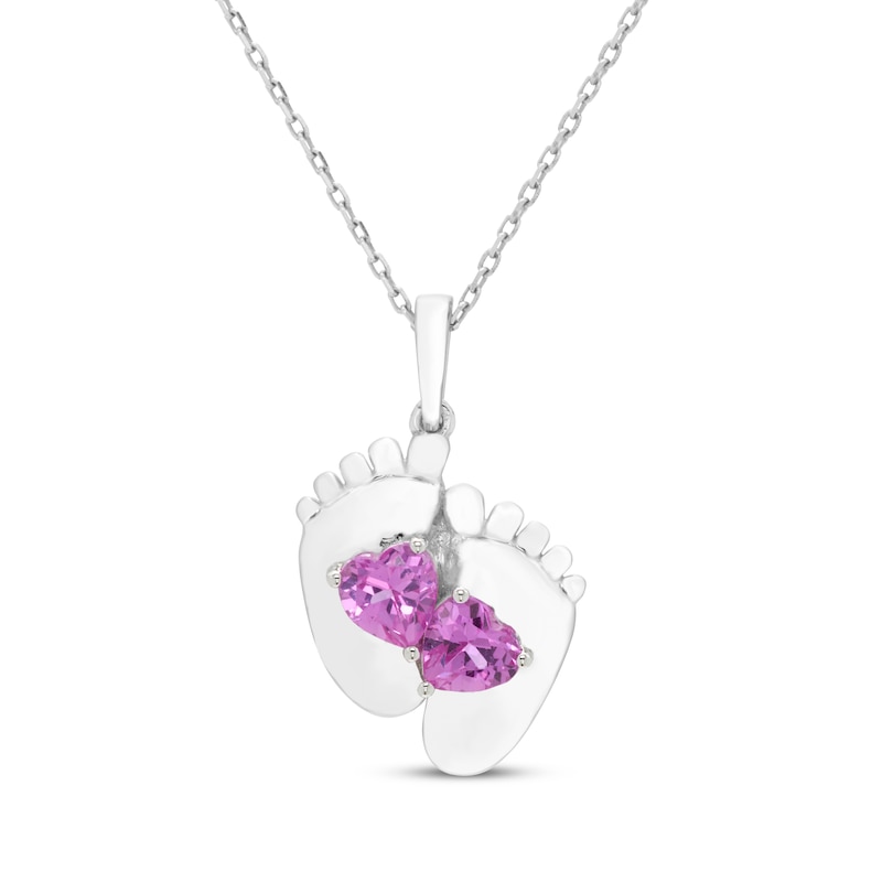 Main Image 1 of Heart-Shaped Pink Lab-Created Sapphire Baby Feet Necklace Sterling Silver 18&quot;