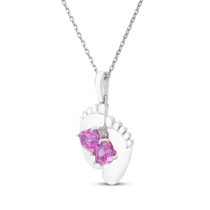 Main Image 2 of Heart-Shaped Pink Lab-Created Sapphire Baby Feet Necklace Sterling Silver 18&quot;