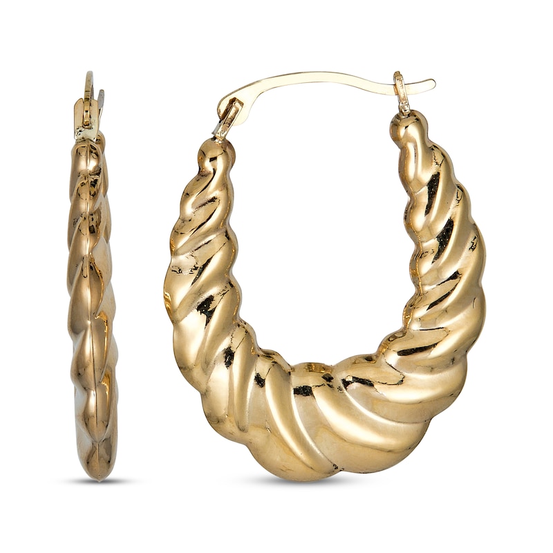 Main Image 1 of Hollow Oval Scalloped Hoop Earrings 14K Yellow Gold