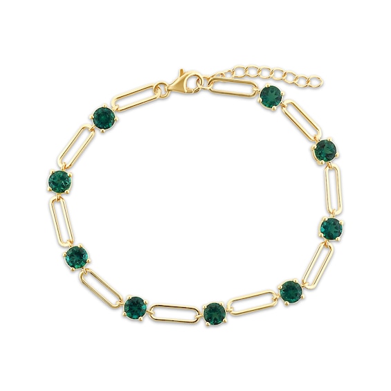 Lab-Created Emerald Paperclip Bracelet 10K Yellow Gold 8.5"