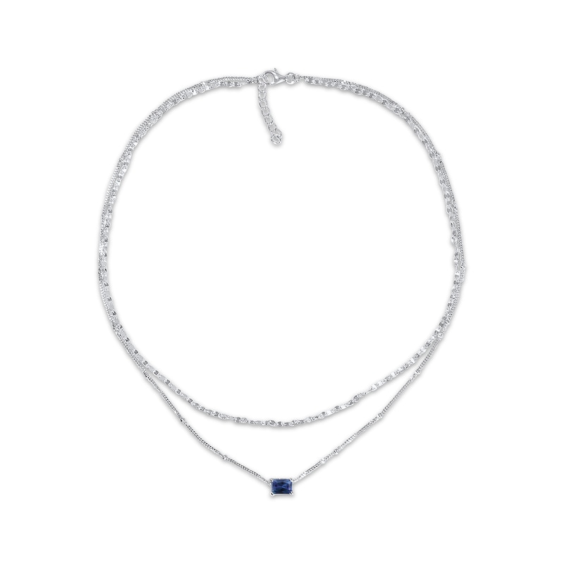 Main Image 1 of Emerald-Cut Blue Lab-Created Sapphire Double Strand Necklace Sterling Silver 17.5&quot;