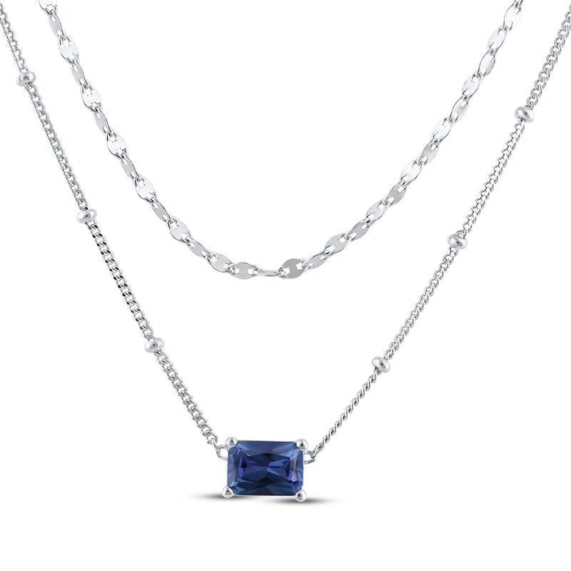 Emerald-Cut Blue Lab-Created Sapphire Double Strand Necklace Sterling Silver 17.5"