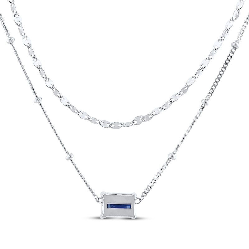 Emerald-Cut Blue Lab-Created Sapphire Double Strand Necklace Sterling Silver 17.5"