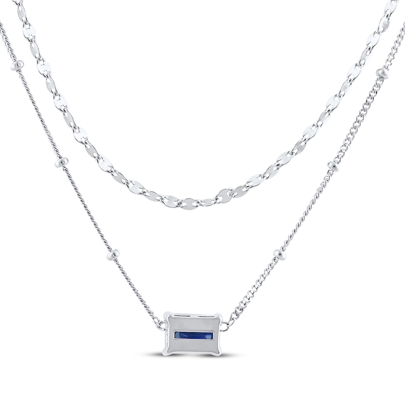 Main Image 3 of Emerald-Cut Blue Lab-Created Sapphire Double Strand Necklace Sterling Silver 17.5&quot;