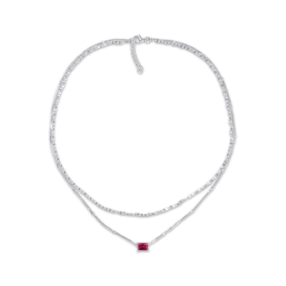 Emerald-Cut Lab-Created Ruby Double Strand Necklace Sterling Silver 17.5"
